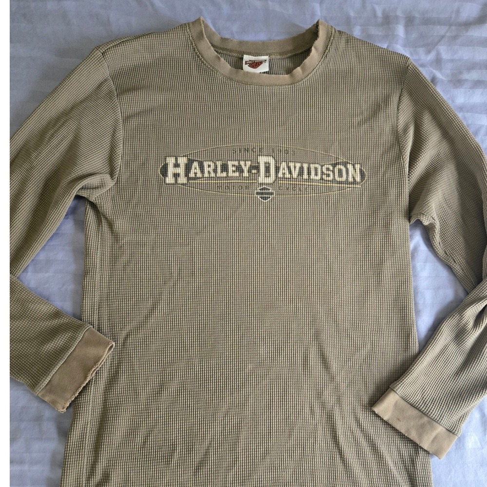 Harley-Davidson Thermal Shirt Mens Medium Tan Good Waffle Knit Quantico VA Biker